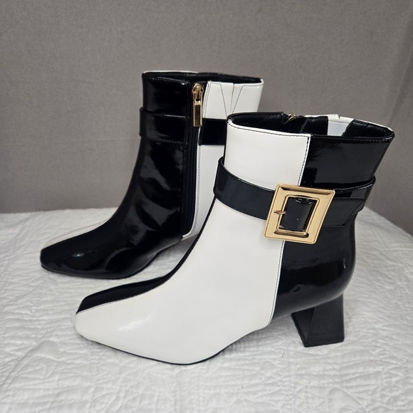 Masseys Colorblock‎ Black White Ankle Boot Block Heel Gold Buckle Zipper 7.5 - Picture 1 of 16